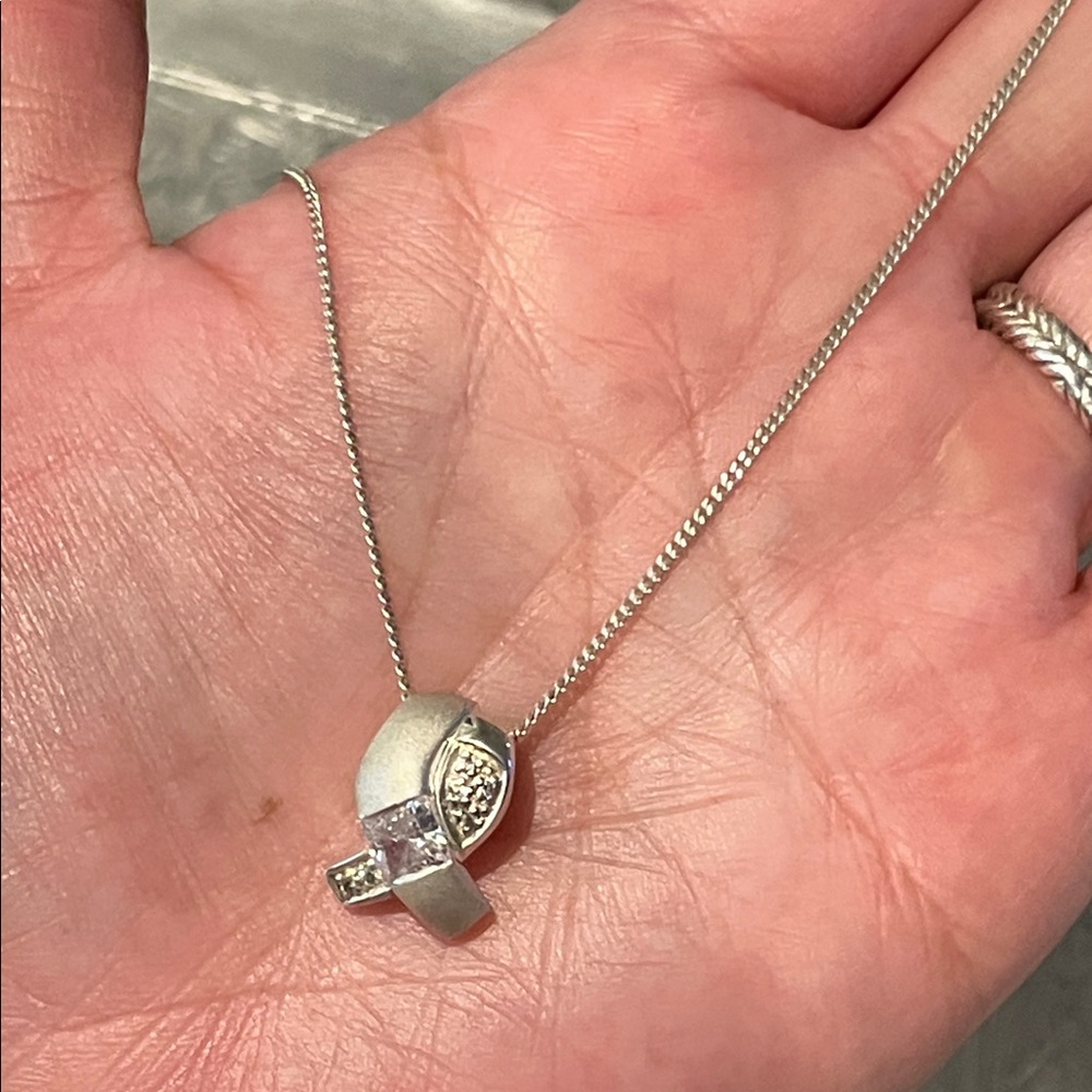 Vtg 90s Brushed Sterling Ribbon Pendant with CZ stone necklace
